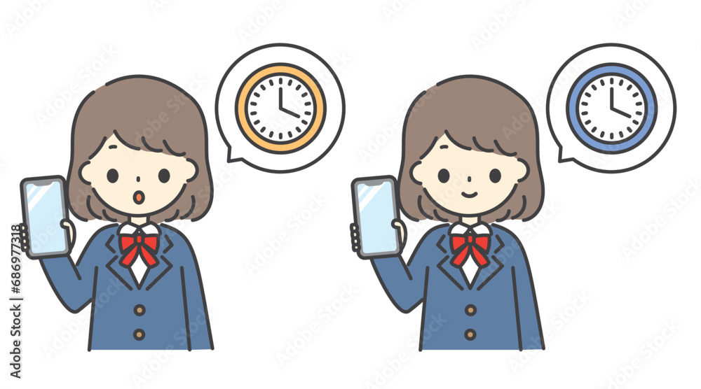 スマホを持っている女子学生から時間の吹き出しが出ているイラスト スマホを持っている女子学生から時間の吹き出しが出ているイラスト