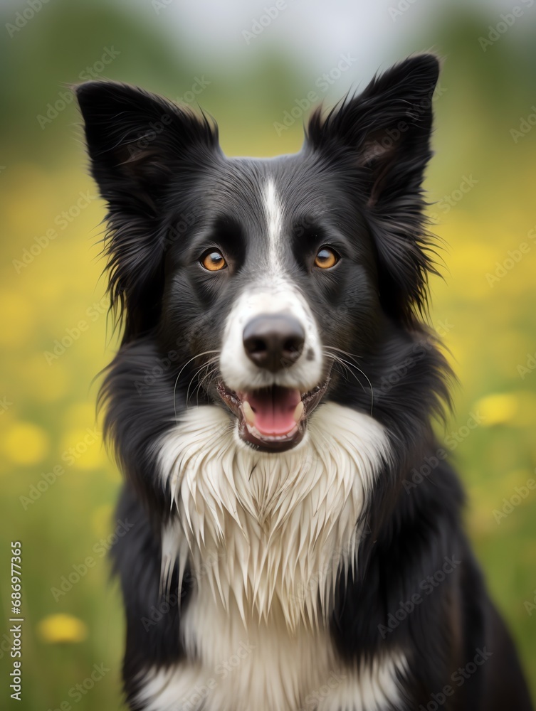 a black and white dog with yellow eyes
