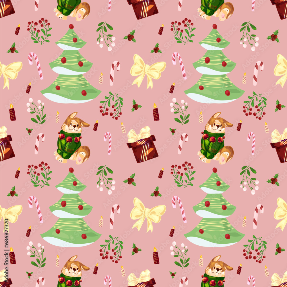 Seamless childish cold pink hand drawing Christmas pattern with welsh corgi, Christmas tree, mistletoe ,candies, candles