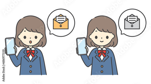 スマホを持っている女子学生からメールの吹き出しが出ているイラスト