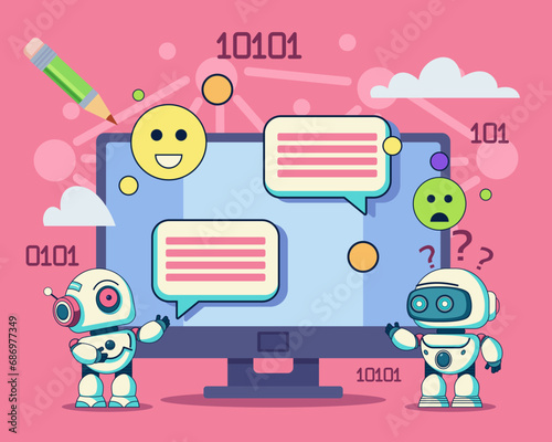 Tiny robots near huge computer monitor with messages, emoticons and program code. Flat vector illustration. Artificial intelligence, social network analysis concept