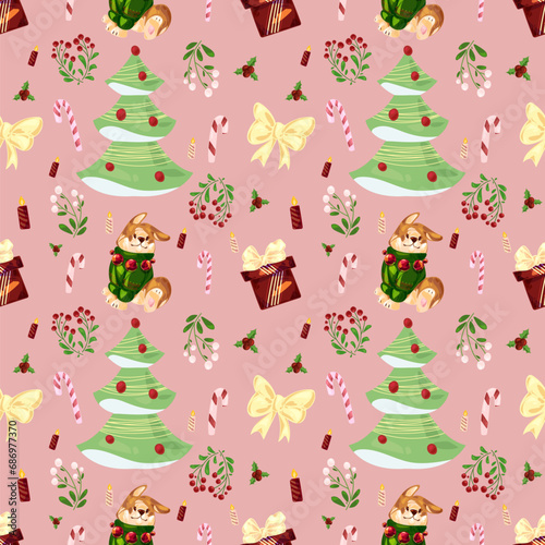 Seamless childish cold pink hand drawing Christmas pattern with welsh corgi, Christmas tree, mistletoe ,candies, candles