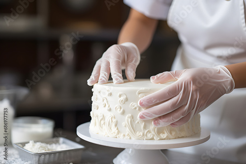 Close up of pastry chef's hands with gloves preparing cream cake photo