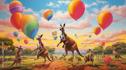 Lively kangaroos bouncing playfully amid a vibrant field of balloons, creating a scene of energetic joy.