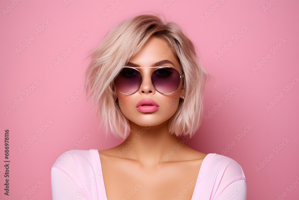 Portrait of sexy woman with cool sunglasses and blond hair in front of pink studio background Portrait of sexy woman with cool sunglasses and blond hair in front of pink studio background