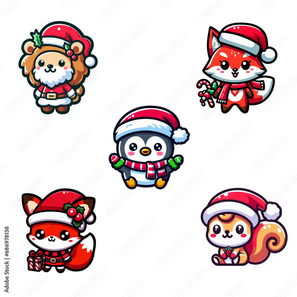 Pack stickers animals christmas, stickers animals christmas pet mascot cartoon santa hat Pack stickers animals christmas, stickers animals christmas pet mascot cartoon santa hat