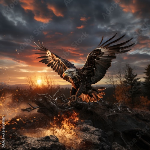 Evening Sky Majesty Bald Eagle Open Wings Generative AI