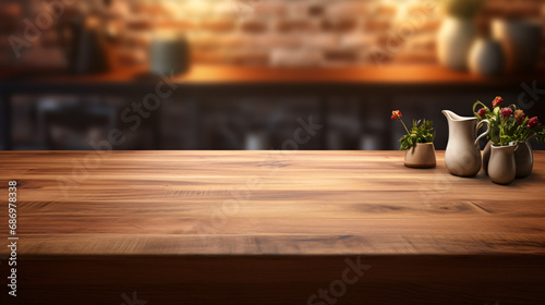 Empty Wooden Countertop Display with Kitchen © franklin