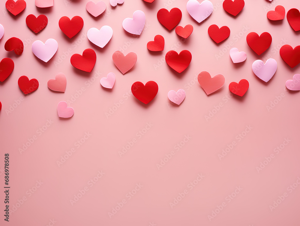 Happy Valentines day, Stylish pink and red hearts flat lay on pink paper. Generative Ai Happy Valentines day, Stylish pink and red hearts flat lay on pink paper. Generative Ai