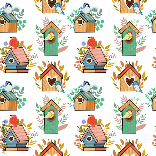 Hand drawn cute bird house  vector illustration art. Seamless pattern.