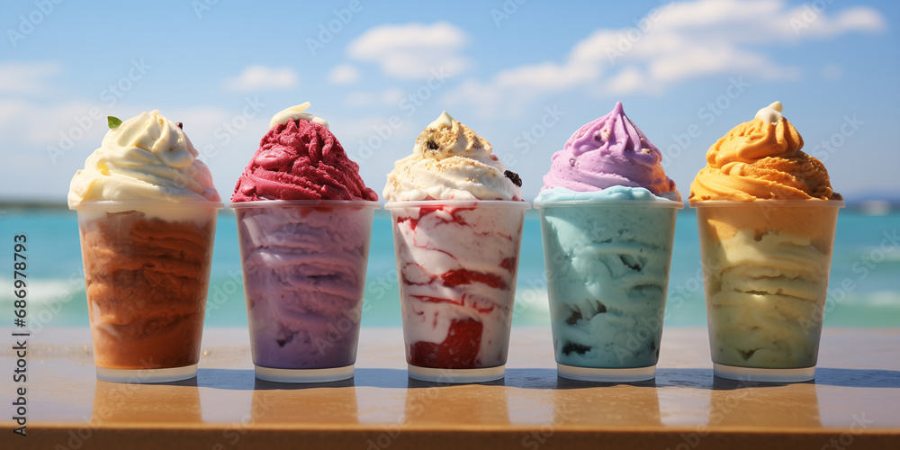 Soft ice cream with fruit flavor in a paper cup against the backdrop of the sea and the beach