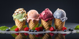 Sweet ice cream with berries in waffles, close-up on ice cream balls, banner for advertising