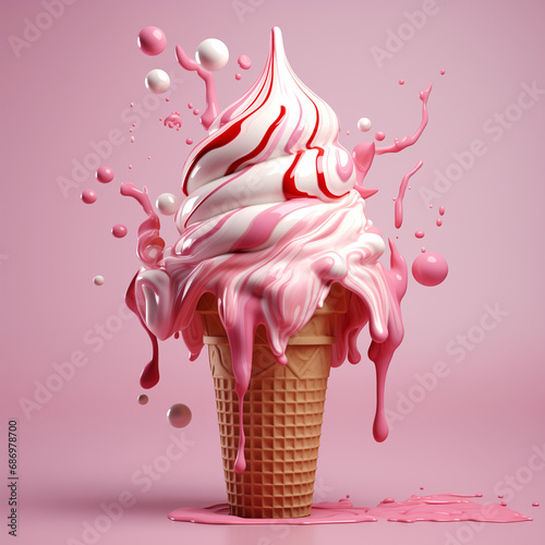 Close-up of cute melting milk ice cream in waffle cup isolated on flat pink background with copy space