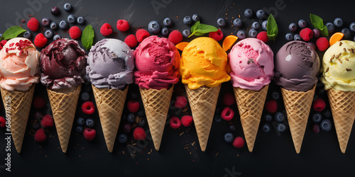Various flavors of ice cream in cones on a dark stone background. Summer and sweet menu concept