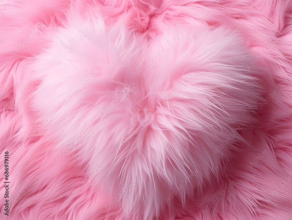 Neon pink heart on white fur, Valentines day background. Generative Ai
