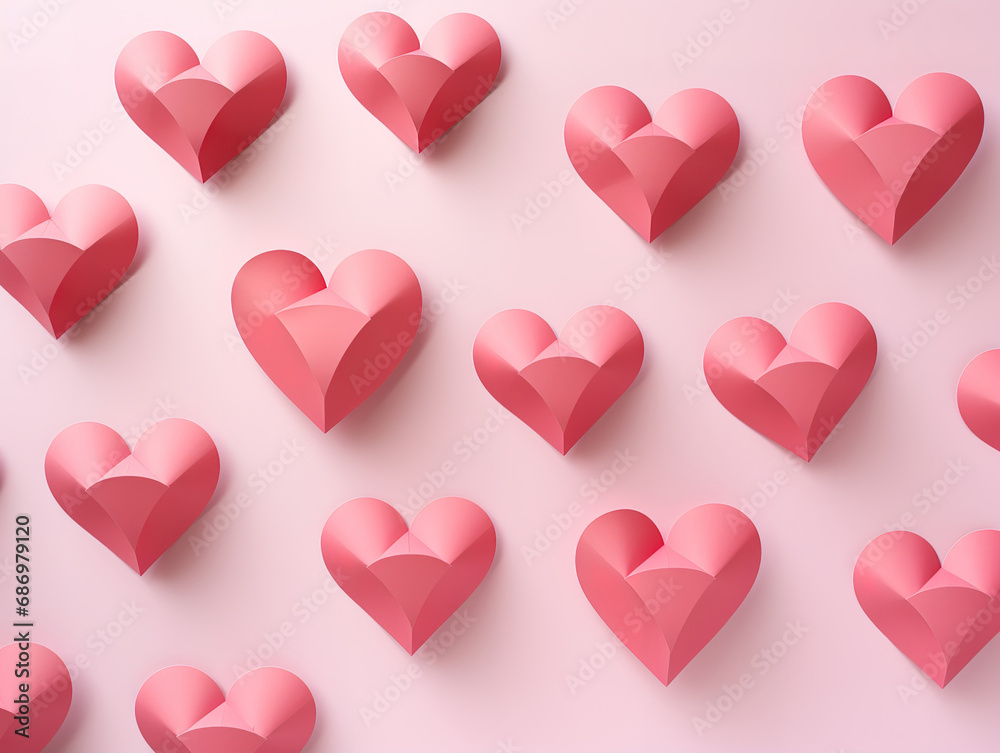 Paper valentines day hearts on pink. Generative Ai