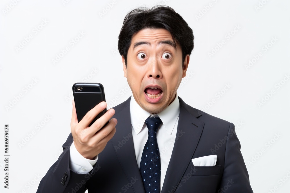 スマートフォンを使いながら驚くサラリーマン スマートフォンを使いながら驚くサラリーマン