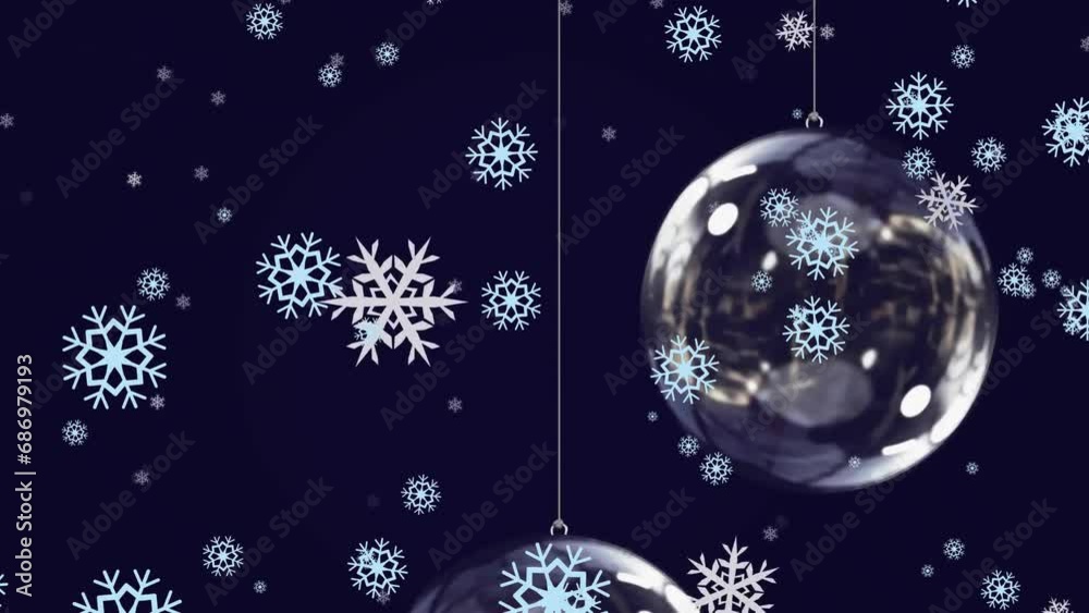 Animation of falling snowflakes over christmas tree ornament on dark blue background Animation of falling snowflakes over christmas tree ornament on dark blue background