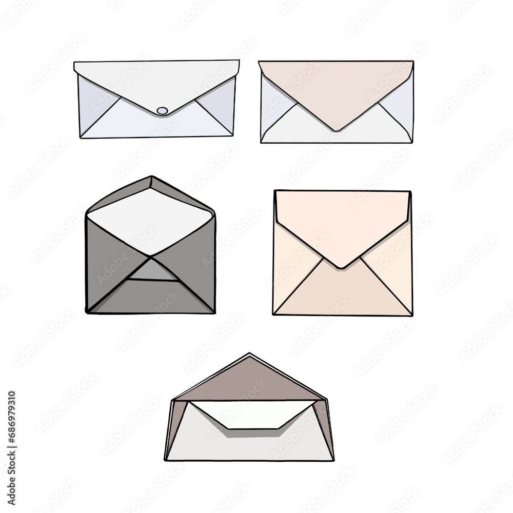 Illustration of a set of envelopes on a white background. Outline realistic open and closed envelopes on a white background for coloring Illustration of a set of envelopes on a white background. Outline realistic open and closed envelopes on a white background for coloring