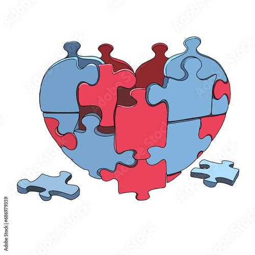 Illustration of a heart from puzzles. Autism, Alalia, ABA, Sensory therapy for postcards, prints, children's illustrations, tattoos, blanks