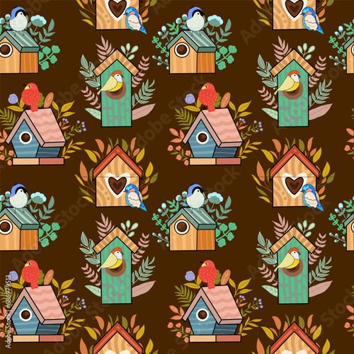 Hand drawn cute bird house, vector illustration art. Seamless pattern.