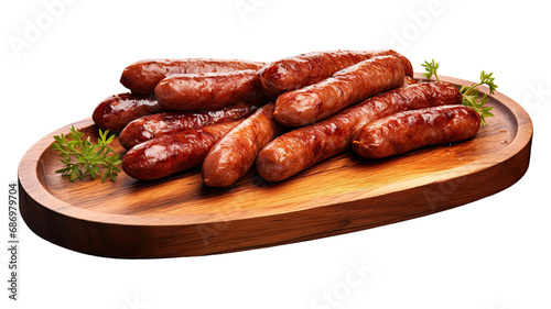 Sausages on a wooden plate, isolated on white background