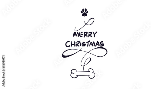 vector of merry christmas text with canine design, christmas tree with paw and bone 