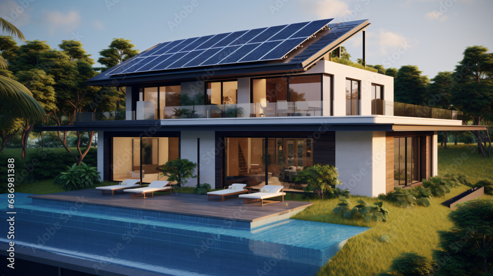 Expensive and futuristic home with blue solar