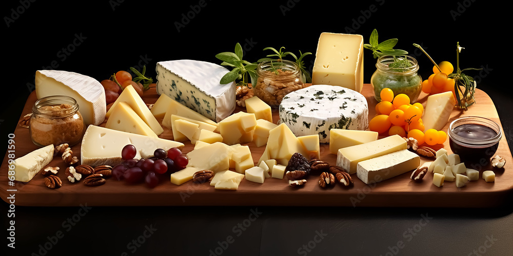 variety of cheese with fruits and beans.
