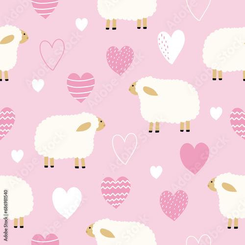 Seamless pattern with cute lamb and hearts for your fabric, children textile, apparel, nursery decoration, gift wrap paper, baby's shirt. Vector illustration