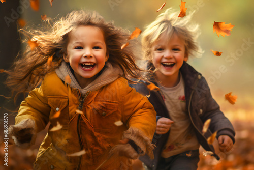 Children playing in a forest in autumn