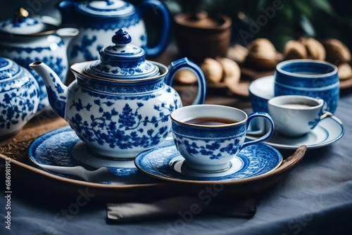 Blue and white tea sets and tea drinks
