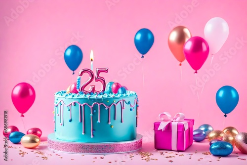 Blue Birthday Cake with party balloons and gift on Pink  25 years celebration