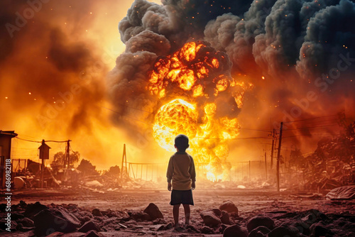 Violent explosion against the backdrop of the house. A child watches the explosion and fire. Sunset. Apocalypse. War. Nuclear threat. Third World War. Attack on a peaceful city.