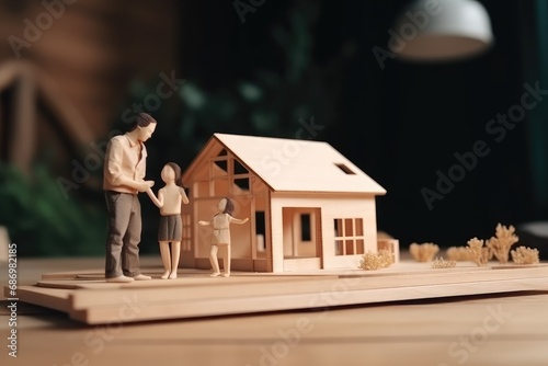 wooden house maquette model with family couple buying dream home (AI Generator)