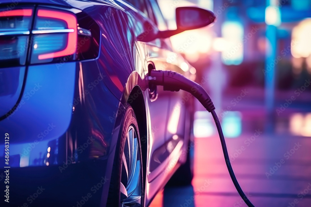 Electric car charging on parking lot with electric car charging station on city street. Electric