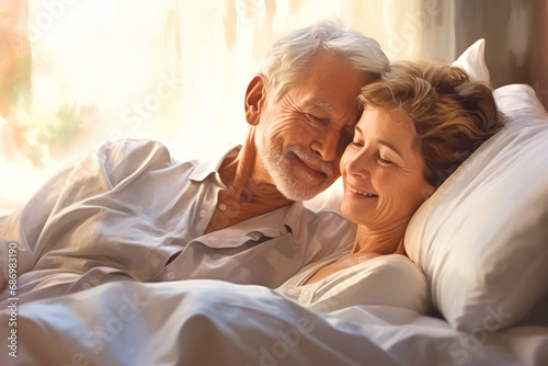 You are the beautiful part of my life. Happy elderly couple cuddling in bed. Romantic feelings. Love.