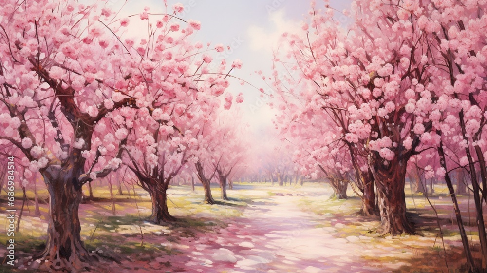 a cherry orchard in full bloom, with cherry blossoms in shades of pink and white.