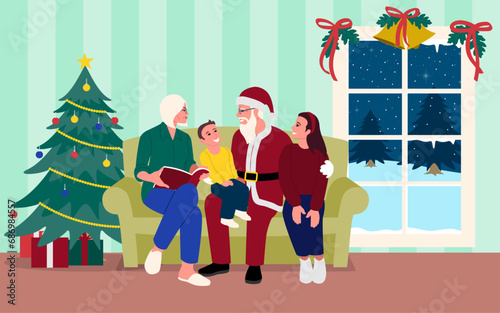 Loving grandparent sitting together with their grandchildren with grandpa dresses up as Santa Claus and puts on the classic red outfit to bring joy and happiness to his delighted grandchild