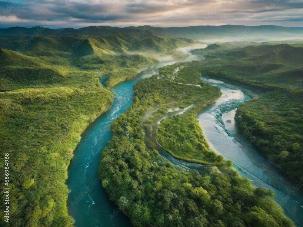 winding rivers and lush green forests, with intricate details visible even at a distance. The perspective is from a bird's-eye view, capturing the vastness and complexity of the landscape