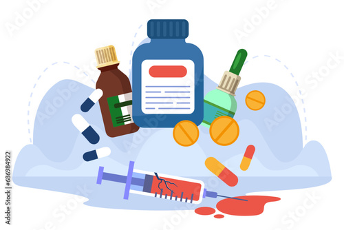Broken syringe and pills in bottles vector illustration. Drug treatment, medicine for drug addiction concept