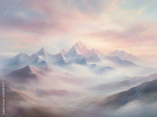 Soft pastel hues blend together to create a dreamy, otherworldly landscape. The image features a bird's-eye view of a mountain range, with swirling clouds and mist enveloping the peaks