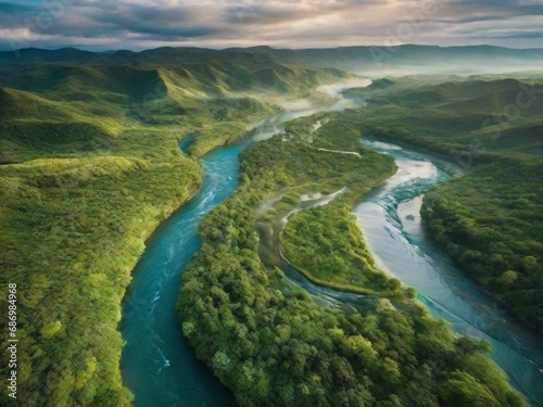 winding rivers and lush green forests, with intricate details visible even at a distance. The perspective is from a bird's-eye view, capturing the vastness and complexity of the landscape