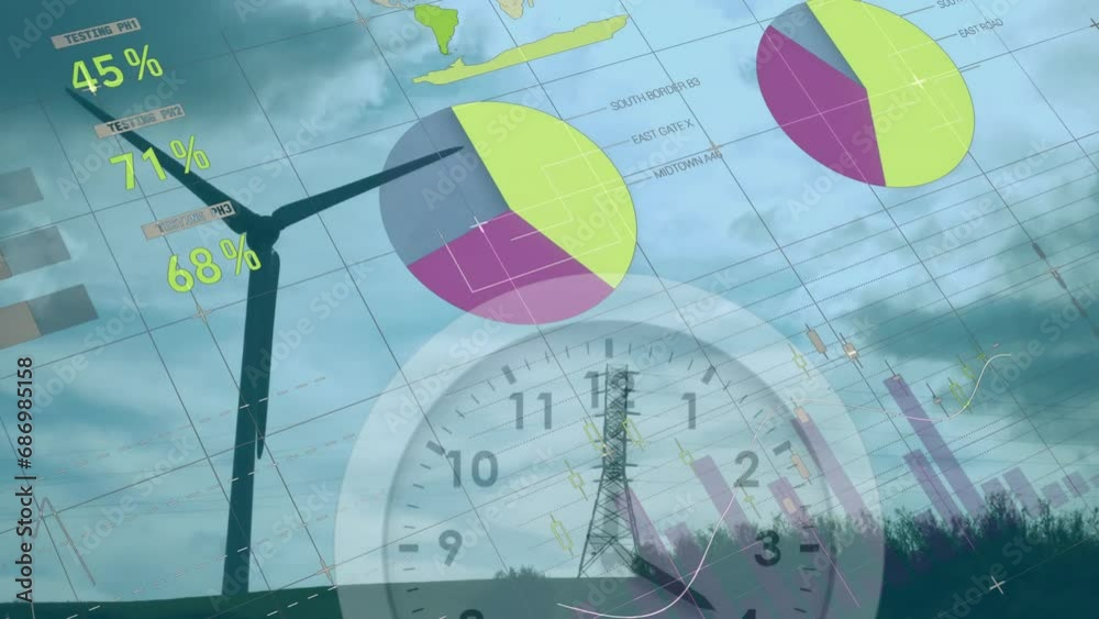 Animation of statistic charts over wind turbine in field