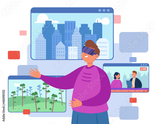 Man in VR glasses vector illustration. Man transporting from city to nature with AR technology. Virtual reality, augmented reality, integration concept