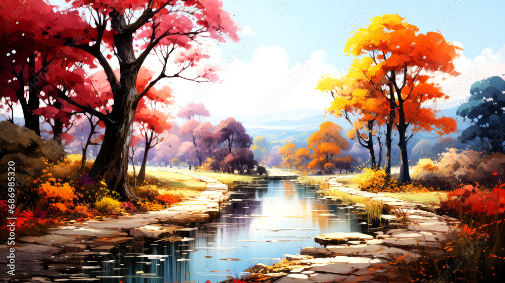 Autumn landscape with colorful trees and river.