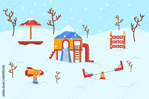 Playground in snowy park vector illustration. See-saw, slide, sand pit covered with snow. Snowy weather, leisure activities concept