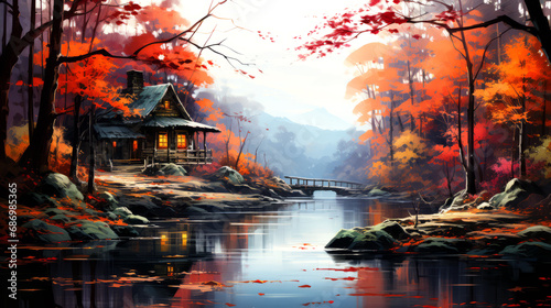 Autumn landscape with traditional wooden houses and rivers.