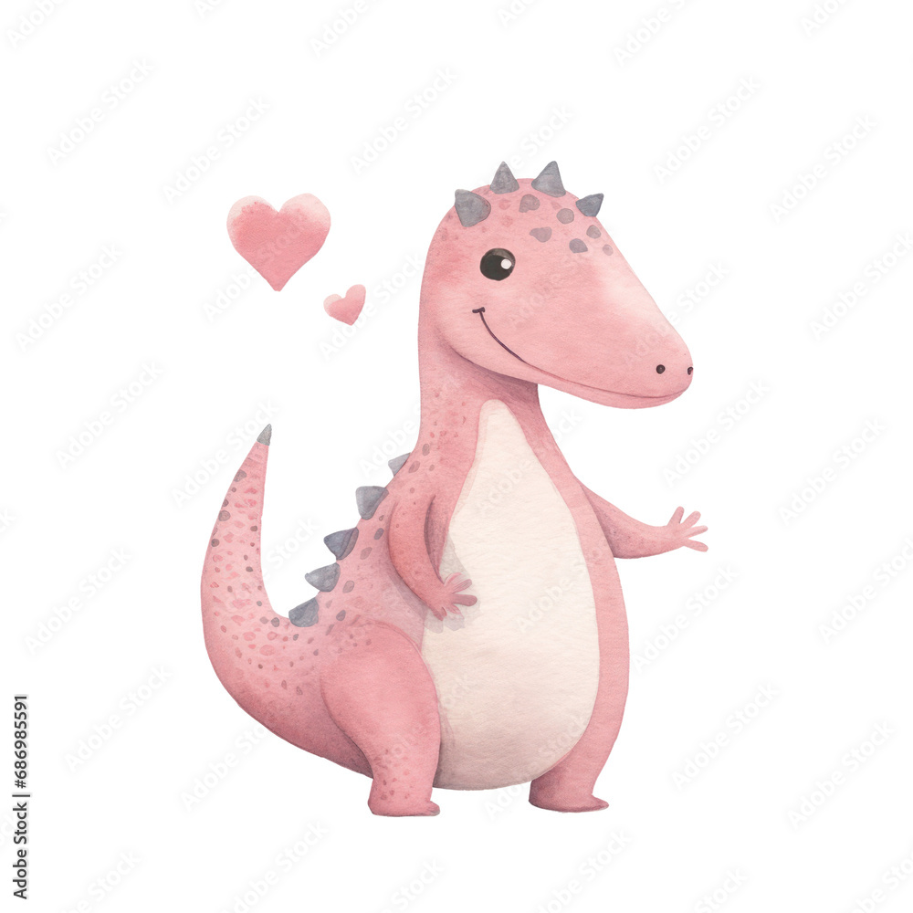 Watercolor of valentine's day dinosaur, love dino isolated on background.