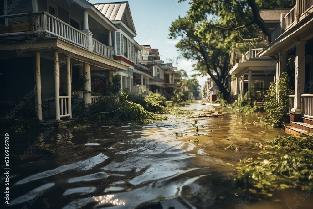 A neighborhood inundated by floodwaters after a storm